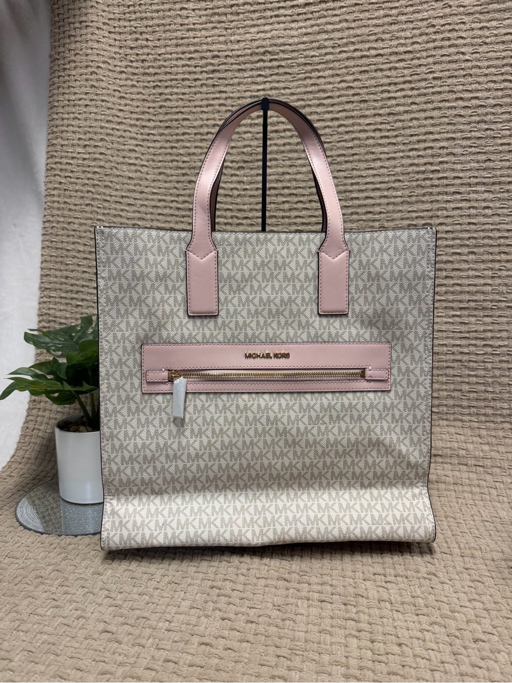 Michael Kors Beige Signature Tote with Pink Trim
